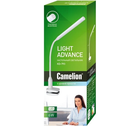 Настольный светильник, чёрный, LED, 6Вт, зажим-струбцина, 230В, сенсорное включение, 4 уровня яркости, 4000К Camelion KD-793 C02 12491