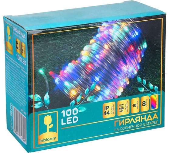 Гирлянда-шнур на солнечной батарее INBLOOM, 10м, 100LED, мульти, 8 реж, ПВХ прозрачный, 1.2V AA 600mAh 185-068