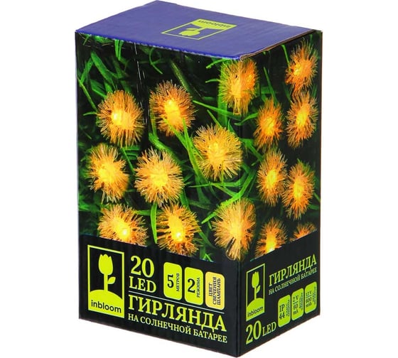 Гирлянда на солнечной батарее INBLOOM, 20 LED, 5м, шампань, 2 режима, одуван, ПВХ зеленый, 2V60mA, 1.2V 600mAh 185-066