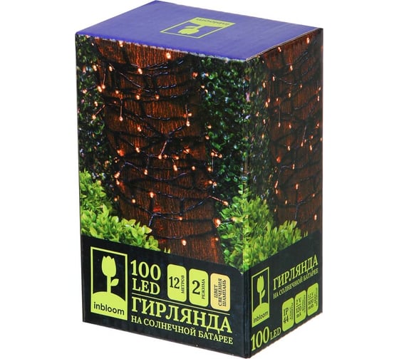 Электрическая гирлянда INBLOOM вьюн на солнечной батарее, 100LED, 12м, шампань, 2 реж., ПВХ, IP44, 2V120mA, 1.2V800mAh 185-039