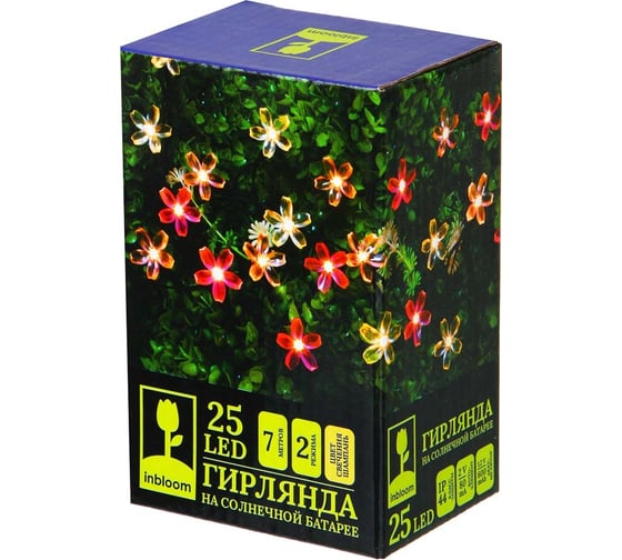 Гирлянда на солнечной батарее INBLOOM, 25LED, 7м, шампань, 2 режима, сакура, ПВХ зеленый, 2V80mA, 1.2V600mAh 185-061