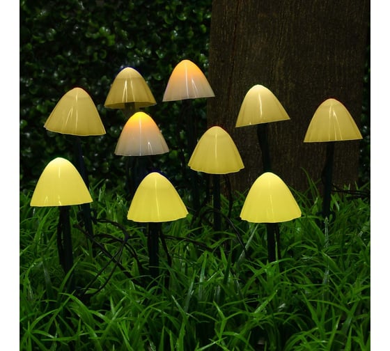 Гирлянда на солнечной батарее INBLOOM, 5м, 10LED, шампань, 8 режимов, грибы 18см, 2V80mA, 1.2V600mAh, IP44 185-065