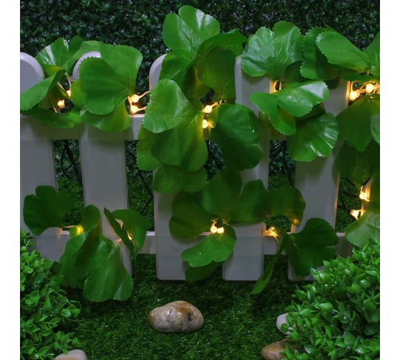 Гирлянда на солнечной батарее INBLOOM, 25LED, 7м, шампань, 2 режима, листья, ПВХ зеленый, 2V80mA, 1.2V600mAh 185-062