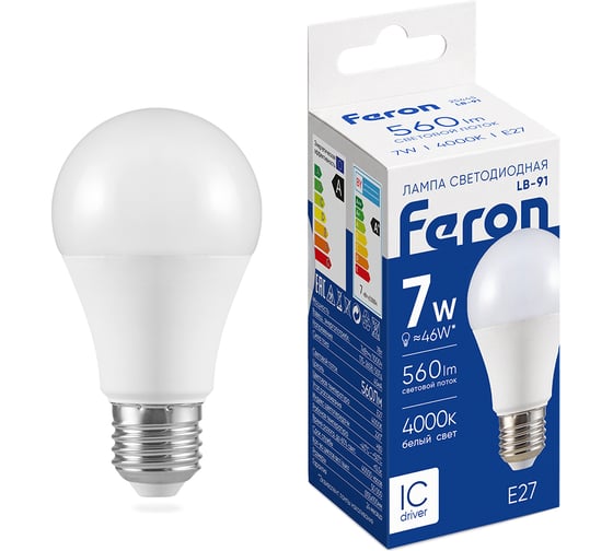 Светодиодная лампа - шар E27 7W 4000K FERON LB-91 25445