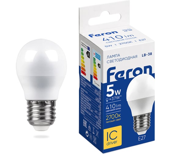 Светодиодная лампа - шарик E27 5W 4000K FERON LB-38 25405