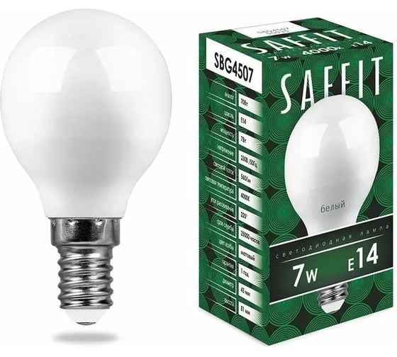 Светодиодная лампа SAFFIT SBG4507 Шарик E14 7W 4000K 55035 1