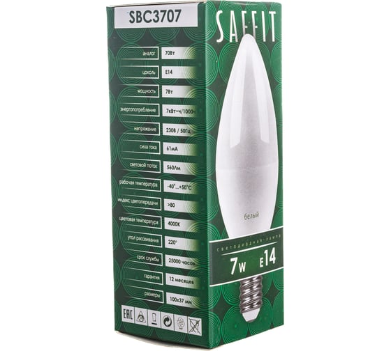 Светодиодная лампа SAFFIT SBC3707 Свеча E14 7W 4000K 55031