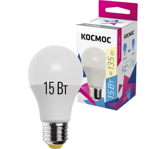 Светодиодная лампа КОСМОС LED A60 15Вт 220В E27 3000К 452435 LkecLED15wA60E2730