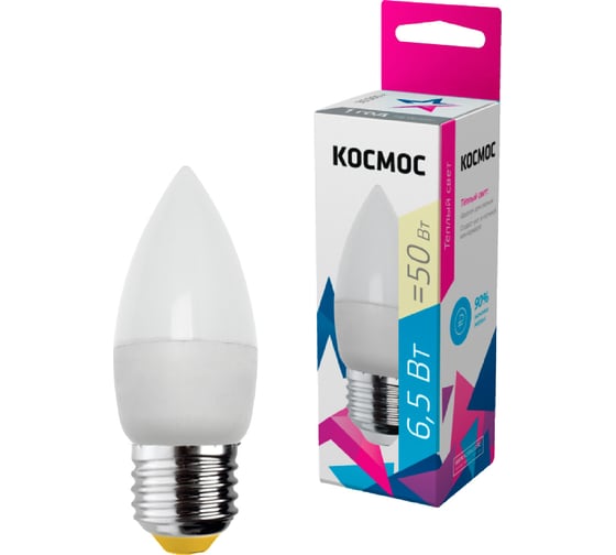 Светодиодная лампа КОСМОС LED 6.5Вт Свеча 220В E27 3000К 417237 LkecLED6.5wCNE2730