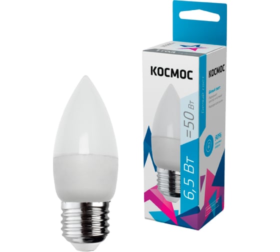 Светодиодная лампа КОСМОС LED 6.5Вт Свеча 220В E27 4500К 417238 LkecLED6.5wCNE2745
