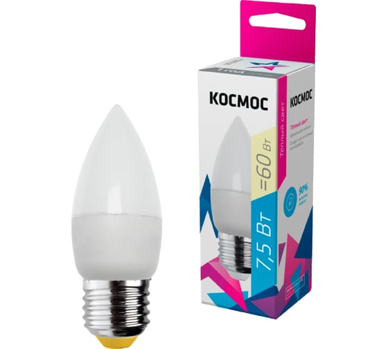 Светодиодная лампа КОСМОС LED 7.5Вт Свеча 220В E27 3000К 417251 LkecLED7.5wCNE2730
