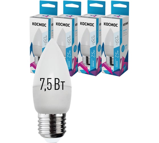 Светодиодная лампа КОСМОС LED 7.5Вт Свеча 220В E27 4500К 417252 LkecLED7.5wCNE2745