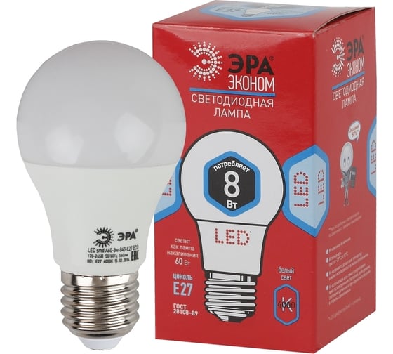 Светодиодная лампа ЭРА LED smd A60-8w-840-E27 ECO Б0019067