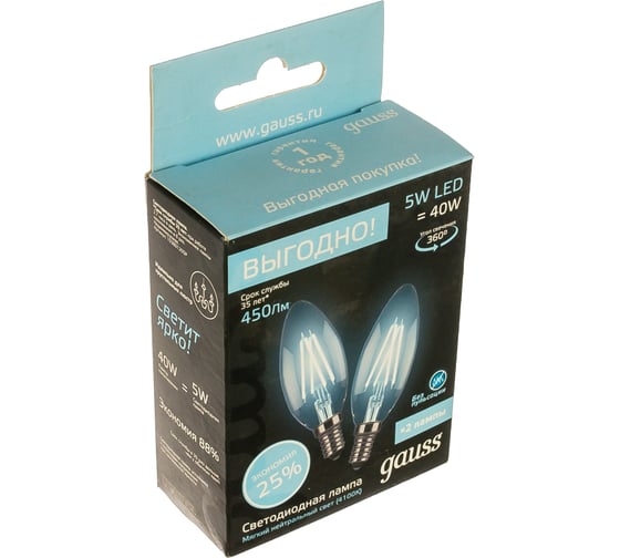 Лампа Gauss Filament Свеча E14 5W 4100К 2 лампы в упаковке 103801205P