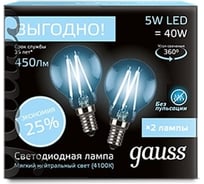 Лампа Gauss Filament Шар E14 5W 4100К 2 лампы в упаковке 105801205P