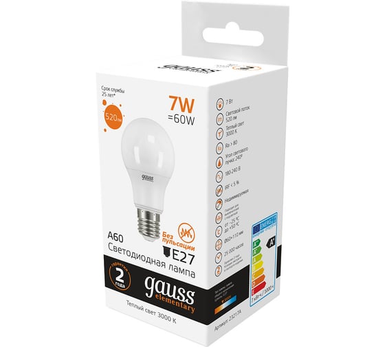 Лампа Gauss LED Elementary A60 7W E27 3000K SQ23217А 23217A