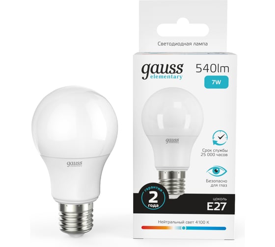 Лампа Gauss LED Elementary A60 7W E27 4100K 1/10/100 SQ 23227A 1