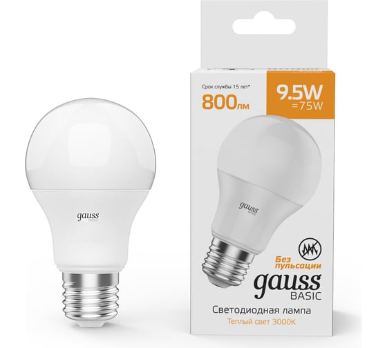 Светодиодная лампа Gauss Elementary A60 10W 880lm 3000K Е27 LED 1/10/50 23210