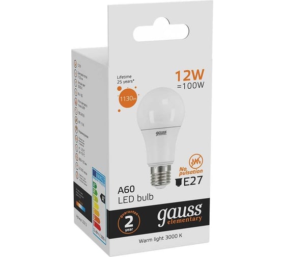 Лампа LED A60 12W E27 3000K Gauss Elementary 23212