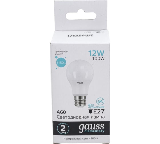 Лампа Gauss LED Elementary A60 12W E27 4100K SQ 23222