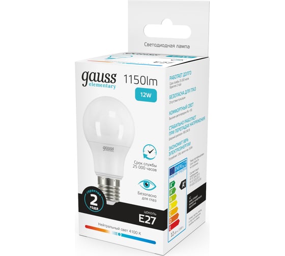 Лампа Gauss LED Elementary A60 12W E27 4100K SQ 23222 1