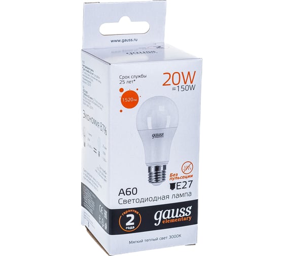Лампа Gauss LED Elementary A60 20W E27 2700K SQ 23219