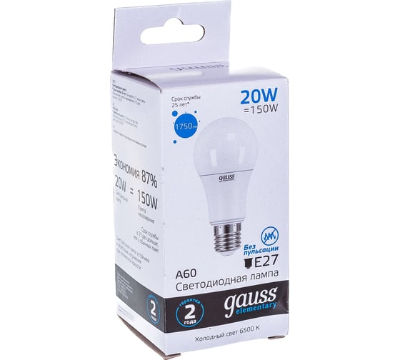 Лампа Gauss LED Elementary A60 20W E27 6500K SQ 23239