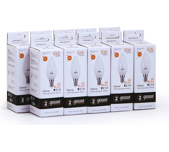 Светодиодная лампа Gauss Elementary Свеча 6W 420lm 3000K Е14 LED 1/10/100 33116