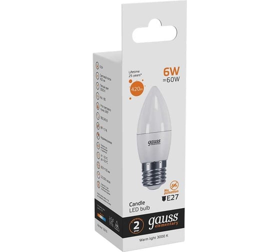 Лампа Gauss LED Elementary Candle 6W E27 2700K SQ 33216