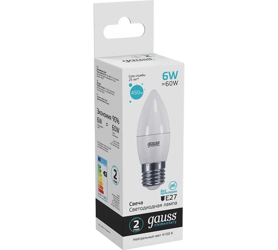 Лампа Gauss LED Elementary Candle 6W E27 4100K SQ 33226