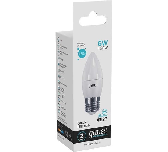 Лампа Gauss LED Elementary Candle 6W E27 4100K SQ 33226