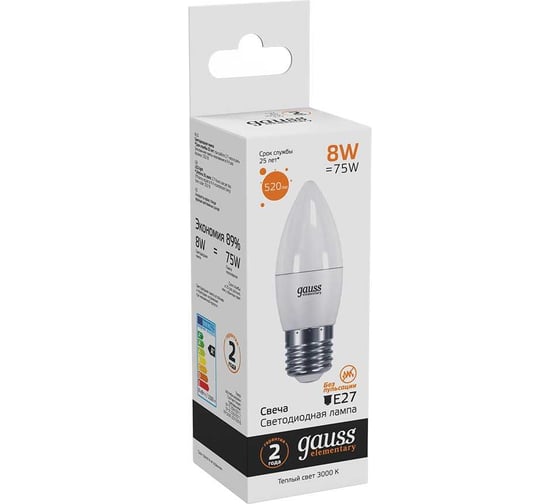 Лампа LED Candle 8W E27 2700K Gauss Elementary 33218