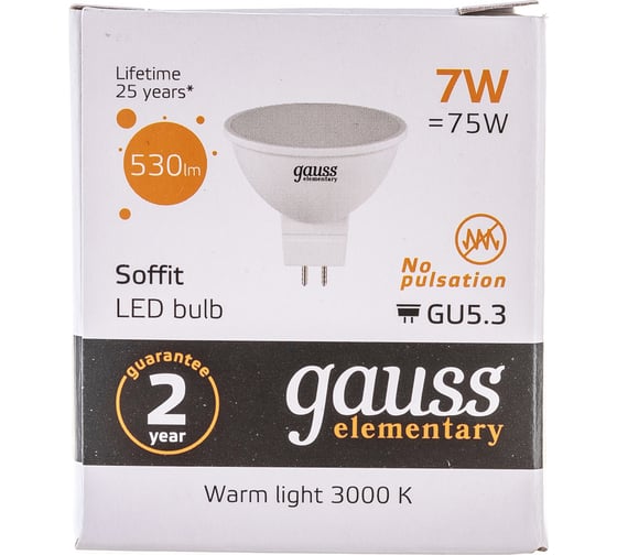 Светодиодная лампа Gauss Elementary MR16 7W 530lm 3000K GU5.3 LED 1/10/100 13517