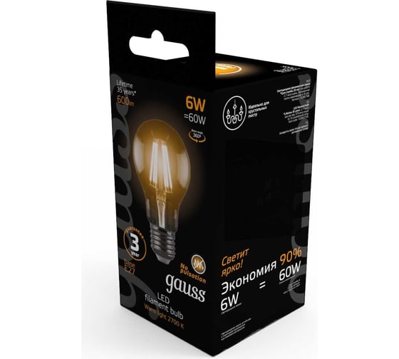 Лампа Gauss LED Filament A60 E27 6W 2700К SQ 102802106