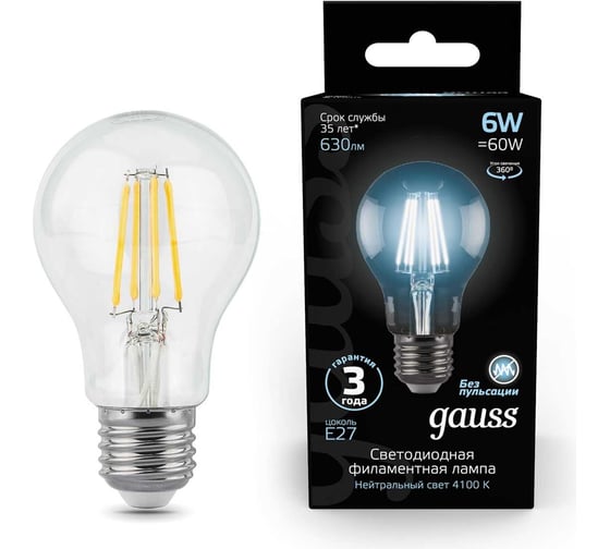 Лампа Gauss LED Filament A60 E27 6W 4100К SQ 102802206 15629261