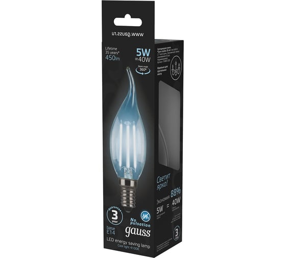 Лампа Gauss LED Filament Candle tailed E14 5W 4100K SQ 104801205