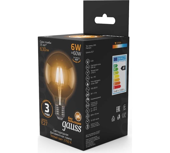 Лампа LED G95 E27 6W 2700K Gauss Filament 105802106