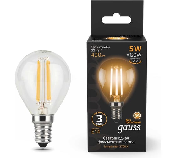 Лампа Gauss Filament Е14 Шар 5W 420lm 2700К LED 105801105 15629411