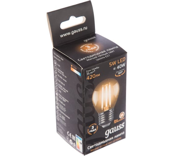 Лампа Gauss LED Filament Globe E27 5W 2700K SQ 105802105