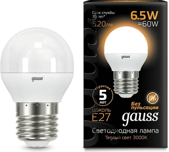 Лампа Gauss LED Globe E27 6.5W 100-240V 2700K SQ 105102107 1