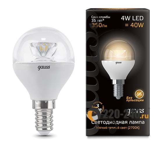 Лампа LED Globe E14 4W 2700K Gauss Crystal Clear 105201104