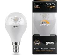 Диммируемая лампа LED Globe E14 6W 2700K Gauss Crystal Clear 105201106-D