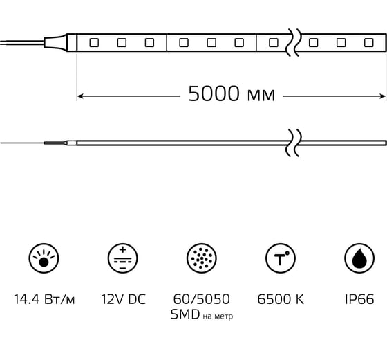Лента Gauss LED 5050/60-SMD 14.4W 12V DC холодный белый IP66 блистер 5м SQ 311000314