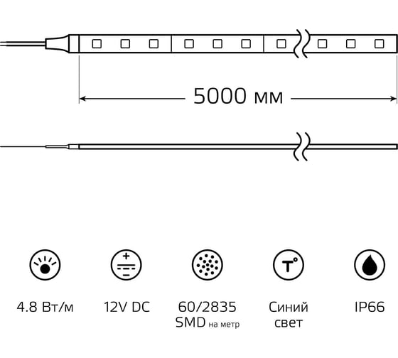 Лента Gauss LED 2835/60-SMD 4.8W 12V DC синий IP66 блистер 5м SQ 311000505
