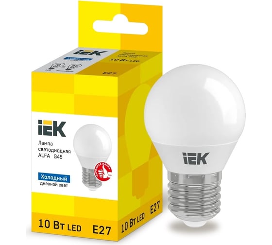 Светодиодная лампа IEK alfa g45 шар 10вт 230в 6500к e27 LLA-G45-10-230-65-E27 1