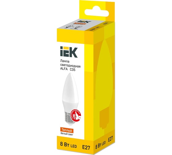 Светодиодная лампа IEK alfa c35 свеча 8вт 230в 3000к e27 LLA-C35-8-230-30-E27