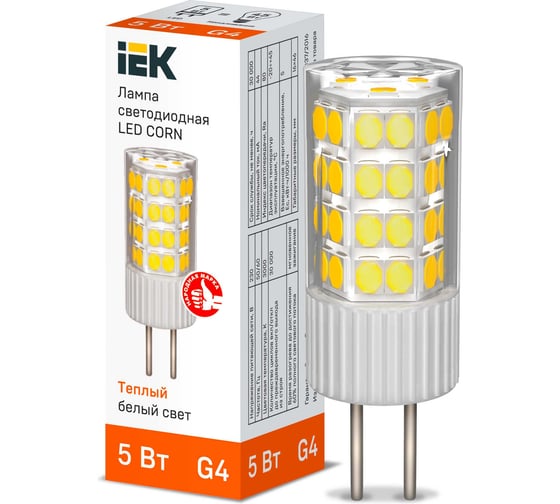 Светодиодная лампа IEK corn капсула 5вт 230в 3000к керамика g4 LLE-CORN-5-230-30-G4