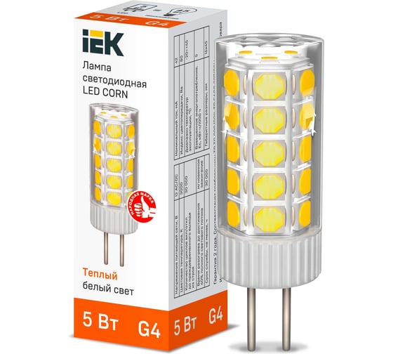 Светодиодная лампа IEK corn капсула 5вт 12в 3000к керамика g4 LLE-CORN-5-012-30-G4