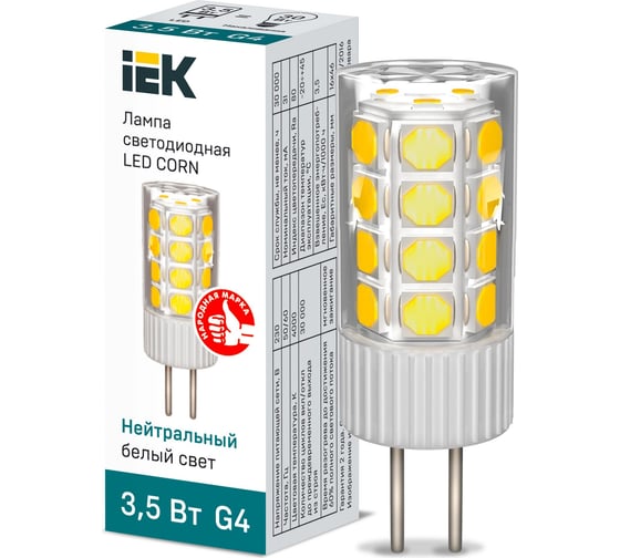 Светодиодная лампа IEK corn капсула 3,5вт 230в 4000к керамика g4 LLE-CORN-4-230-40-G4