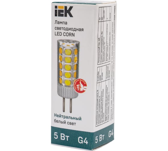 Светодиодная лампа IEK corn капсула 5вт 12в 4000к керамика g4 LLE-CORN-5-012-40-G4